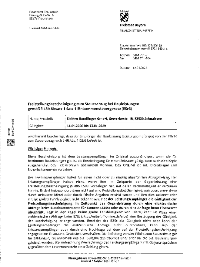 Freistellungs- bescheinigung bei Elektro Randlinger GmbH in Schnaitsee