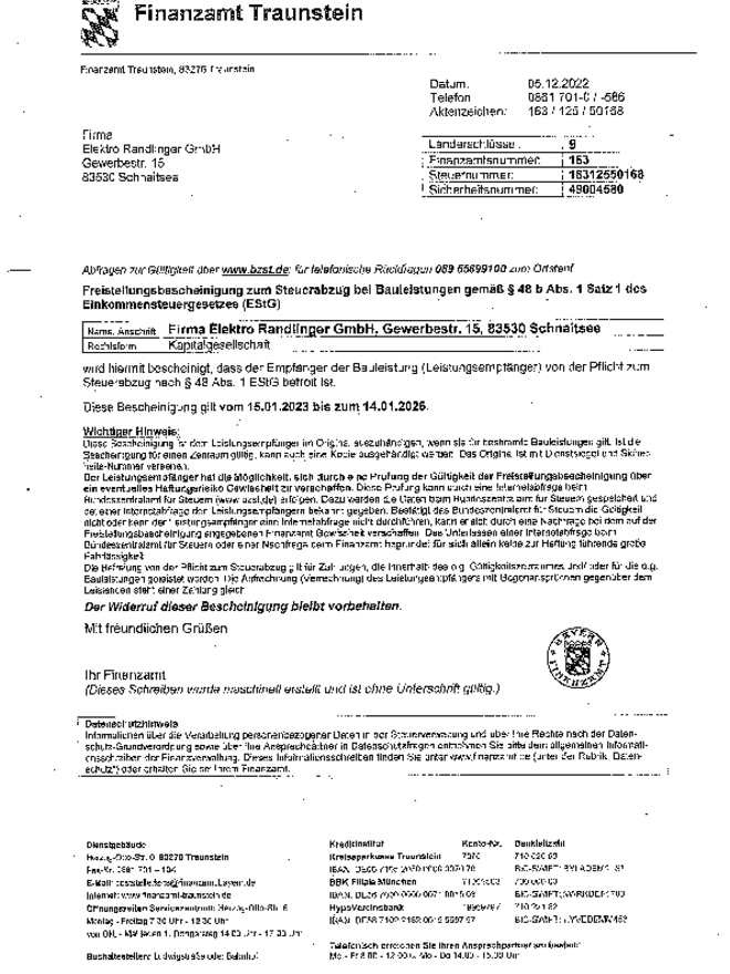 Freistellungs- bescheinigung bei Elektro Randlinger GmbH in Schnaitsee