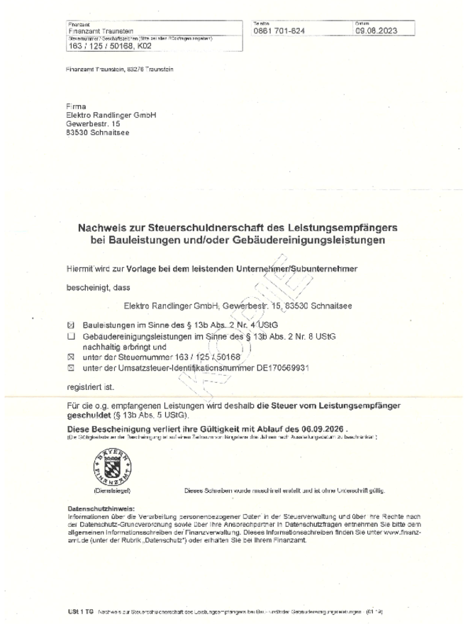 Steuer- schuldnerschaft bei Elektro Randlinger GmbH in Schnaitsee